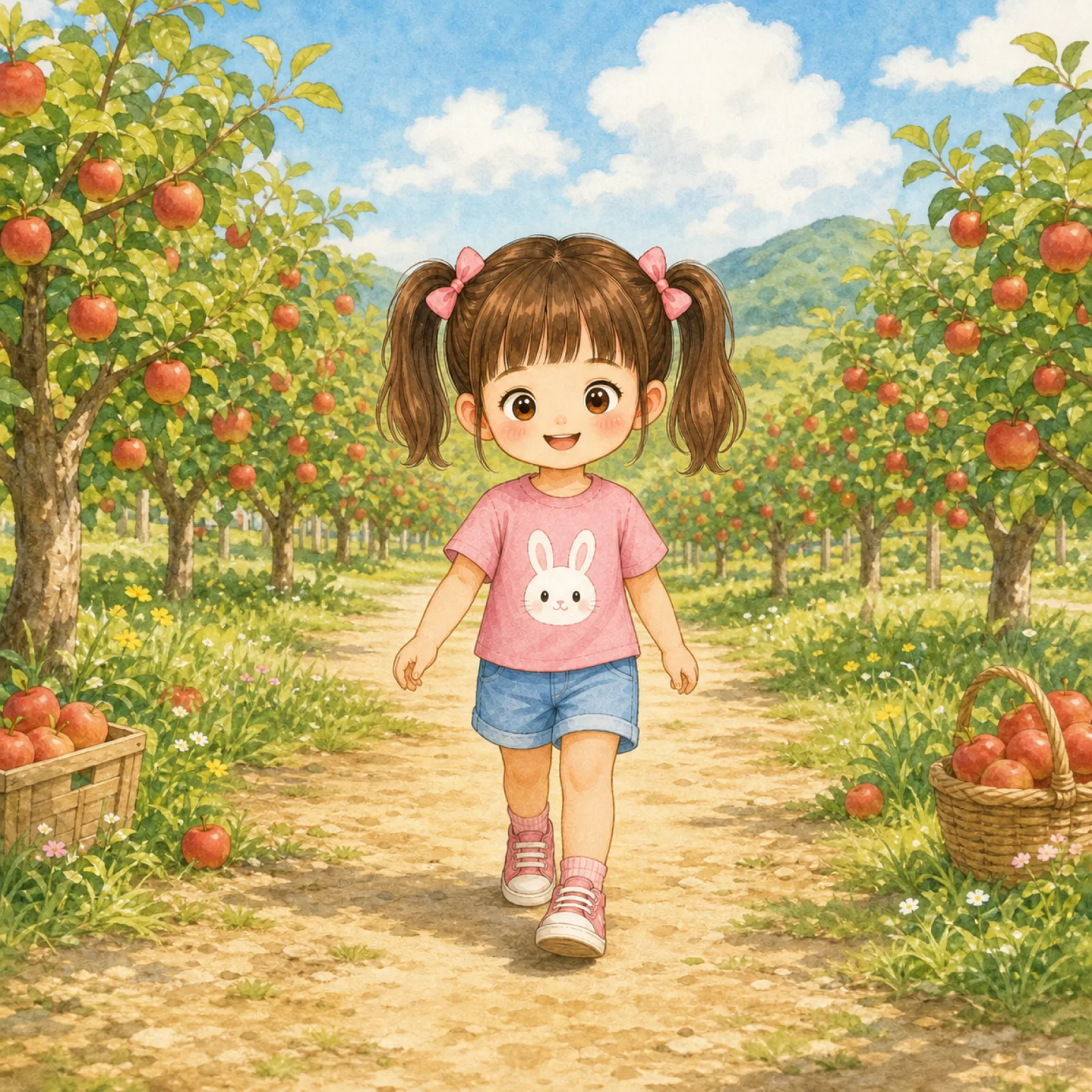 Tutu walks through the apple farm.