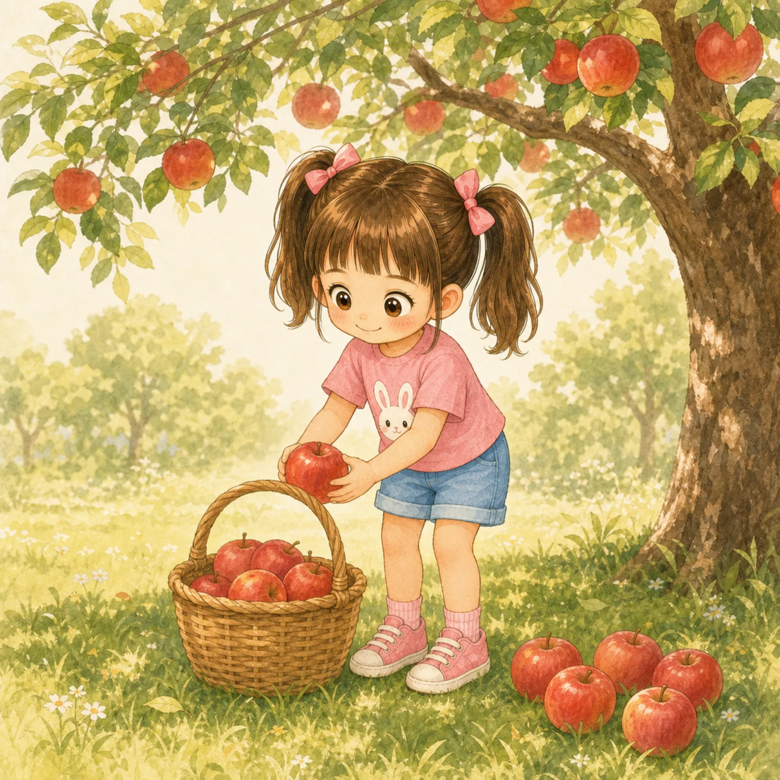 Tutu puts the apples in the basket.
