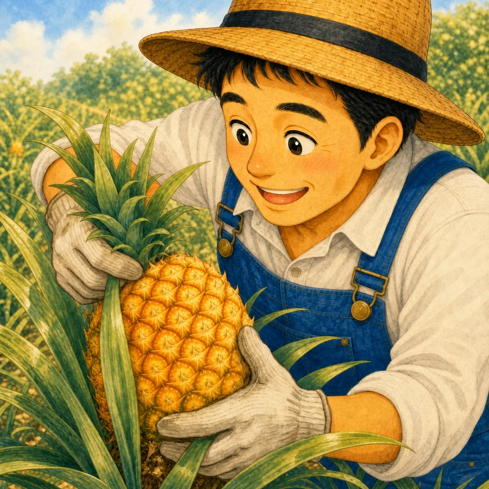 The farmer says: “Of course!” He picks pineapples for everyone.