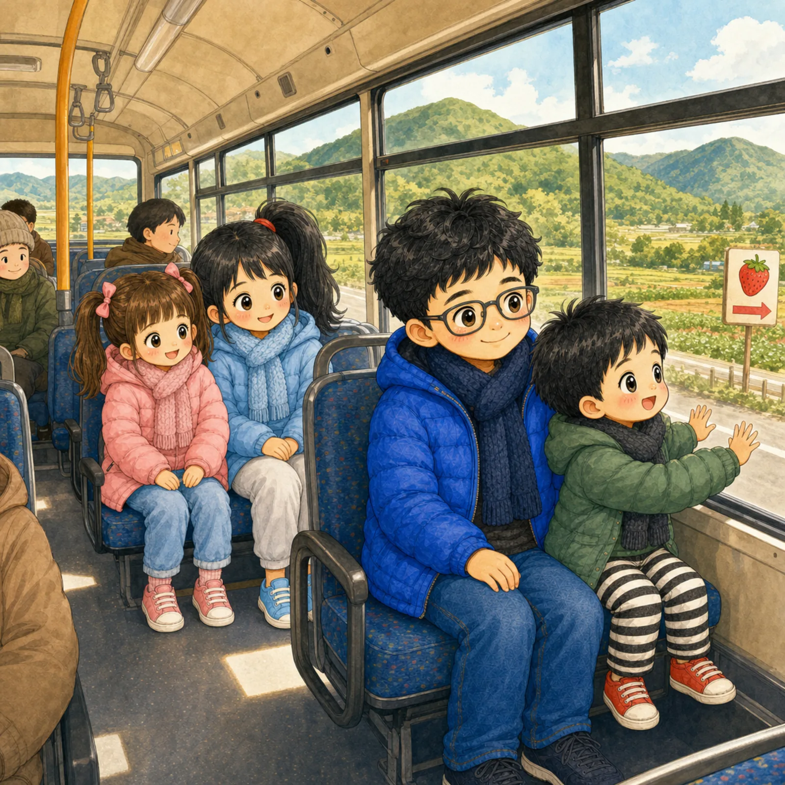 Everyone takes a bus up the mountain to the strawberry farm.