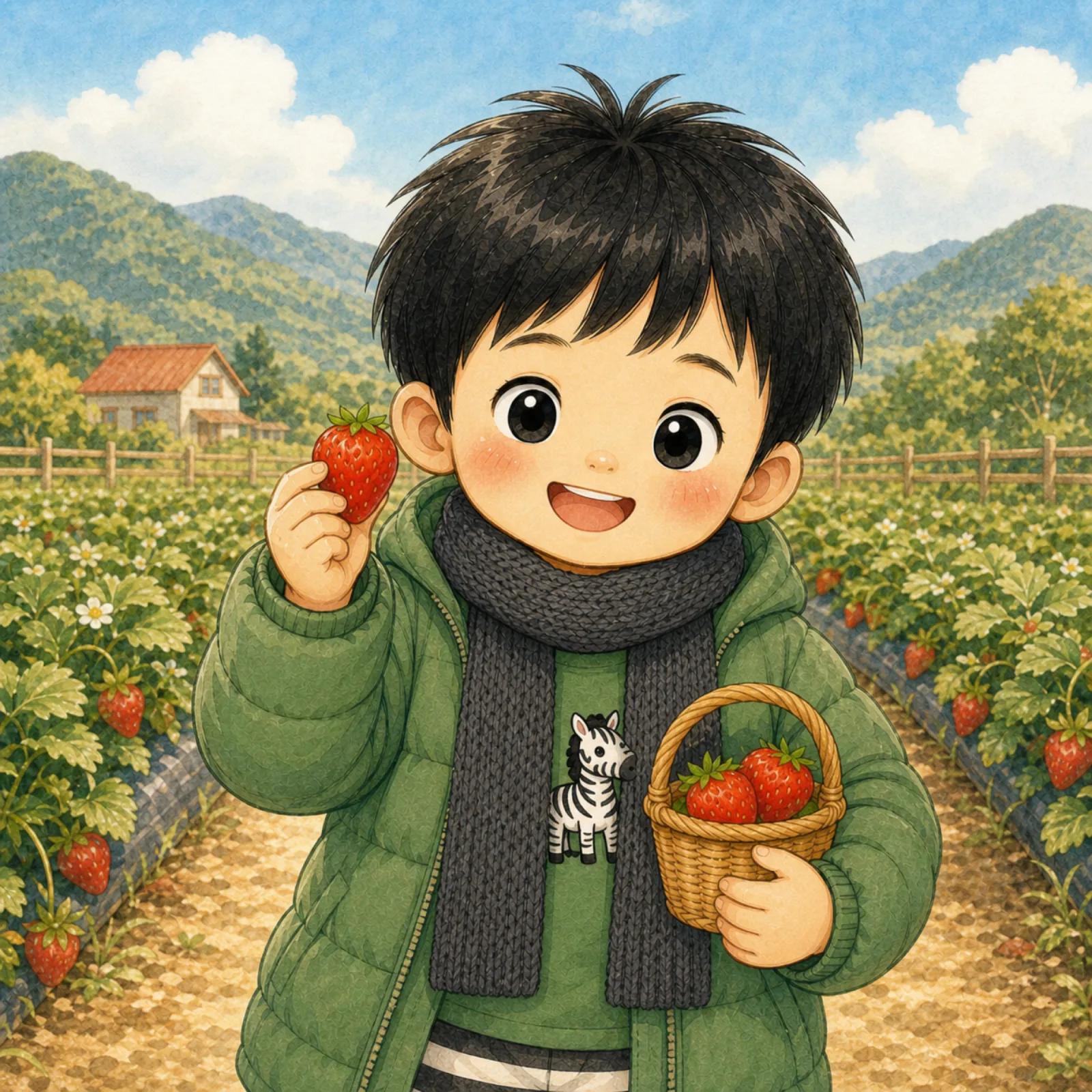 Ban-Ban picks a red strawberry.