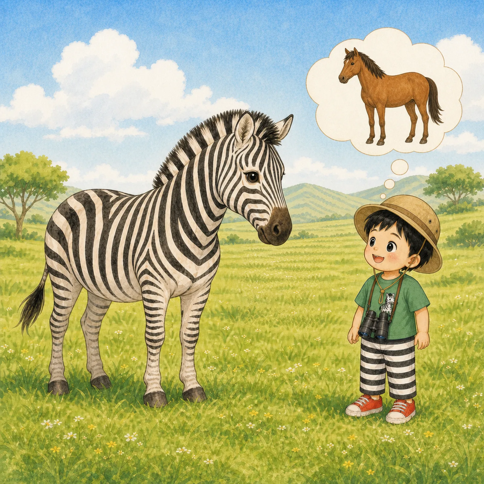 Zebras look like horses, with black and white stripes.