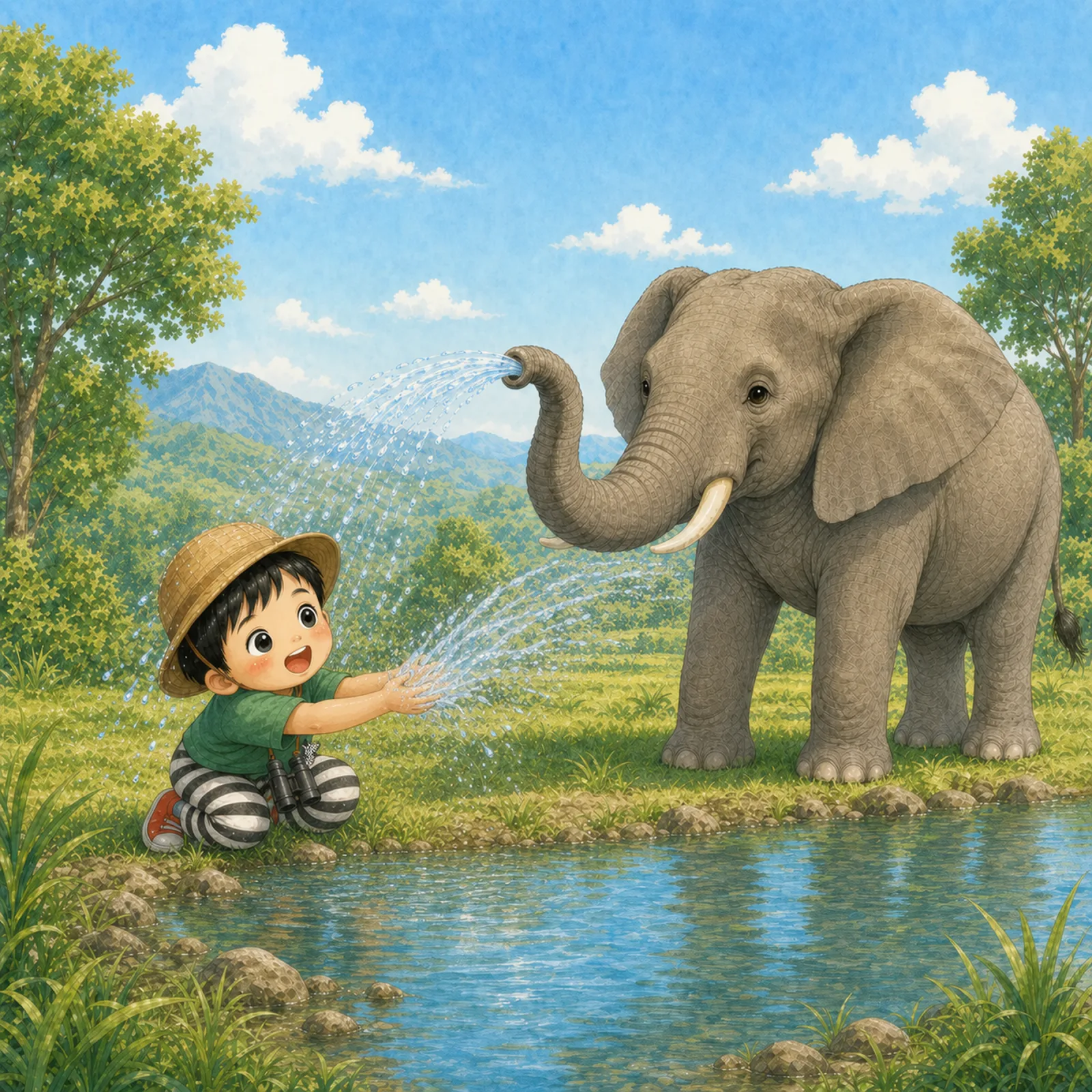 Ban-Ban and the elephant play with water.