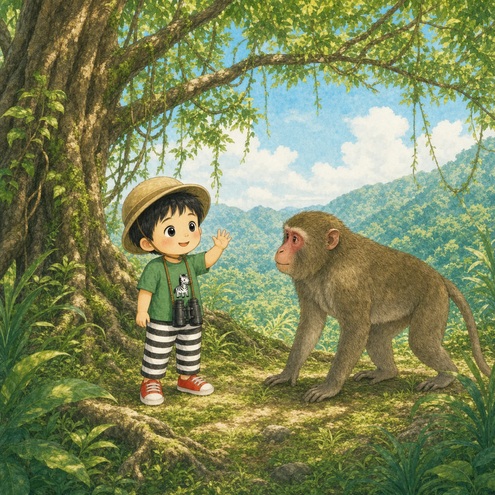 Ban-Ban and the monkey say hello! Ban-Ban says, "Monkeys have red faces and long tails."