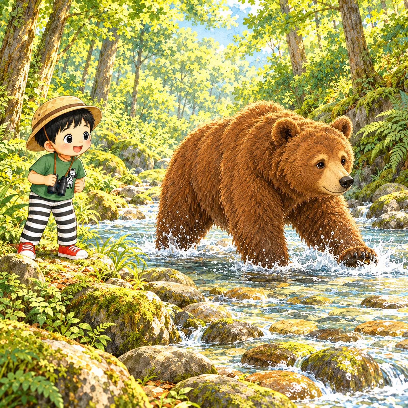 The bear comes to a river and wades across with big steps.